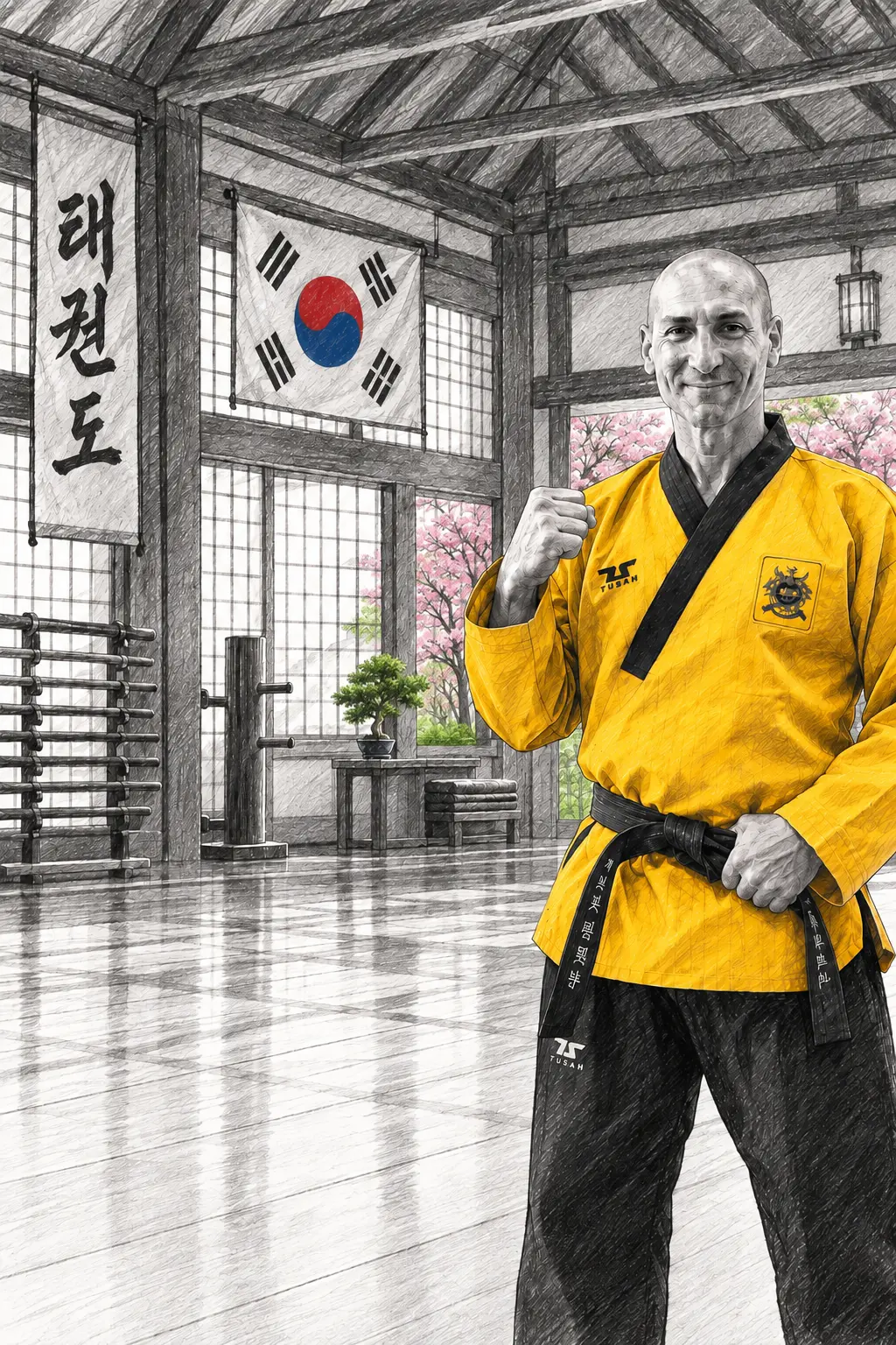 Grand Maître Olivier Sicard en dobok jaune dans un dojang traditionnel