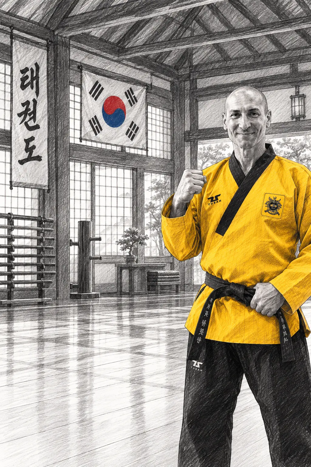 Grand Maître Olivier Sicard en dobok, poing sur la cœur, dans son dojang